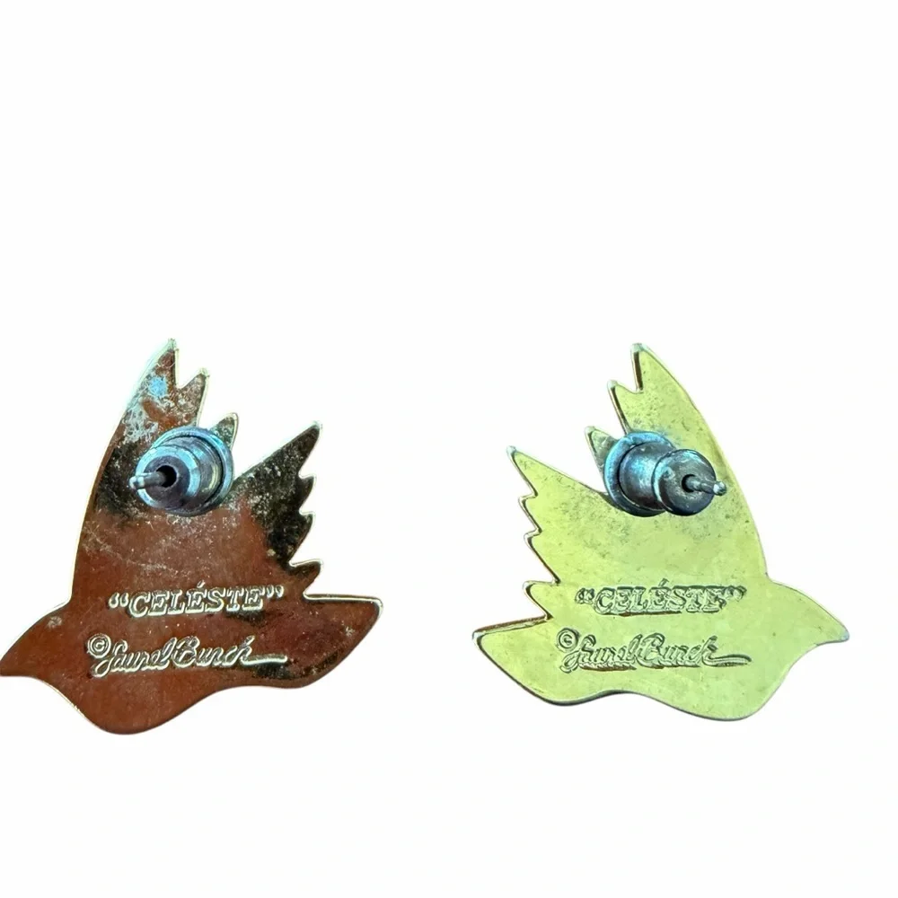Laurel Burch Celeste Bird Earrings Blue Enamel Gold Tone Signed Vintage
